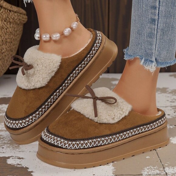 Camel Casual Women's Thick Flat Suede Shearling Slippers - Picture 5 of 8